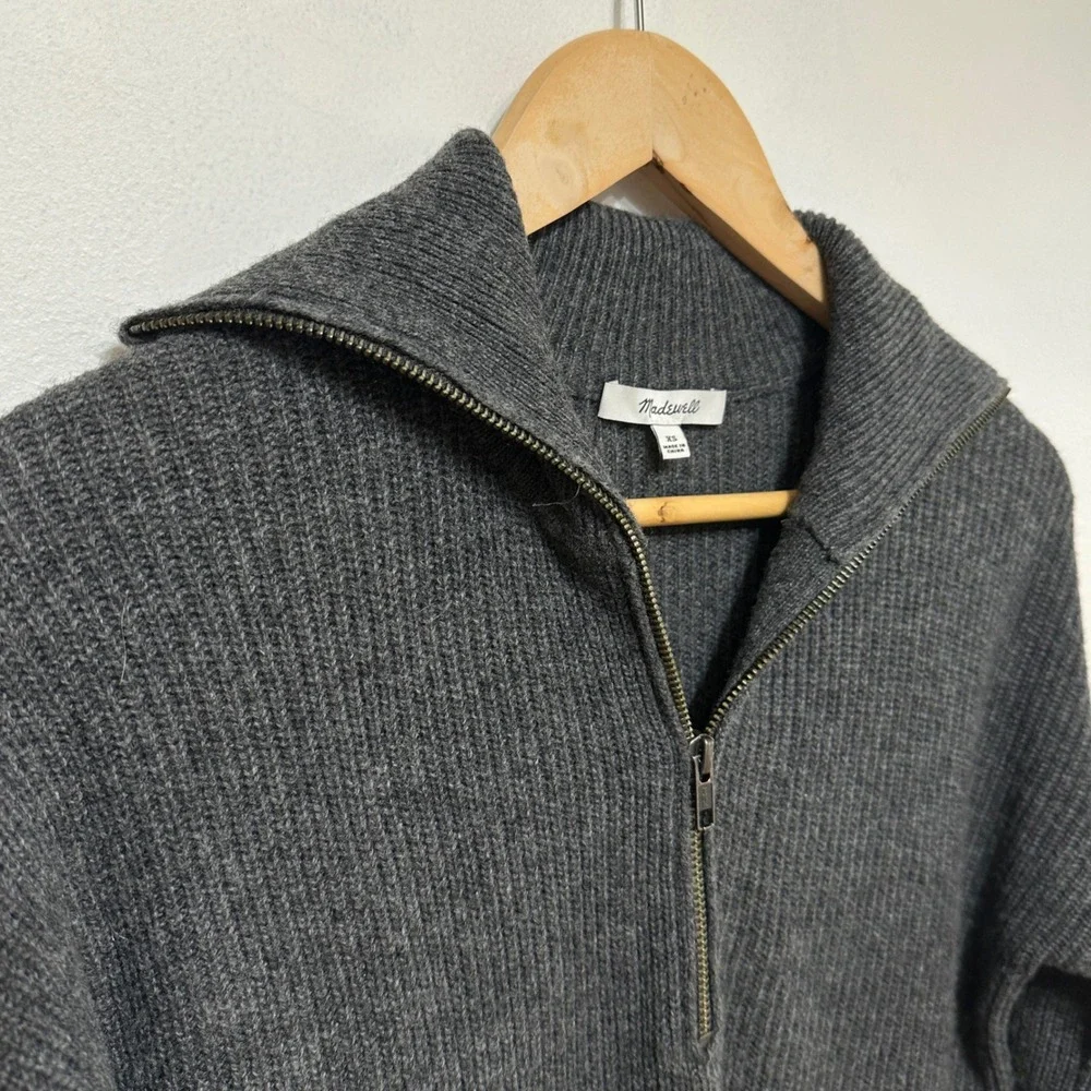 Madewell Quarter Zip Sweater Womens XS Charcoal Gray Merino Wool Ribbed Pullover